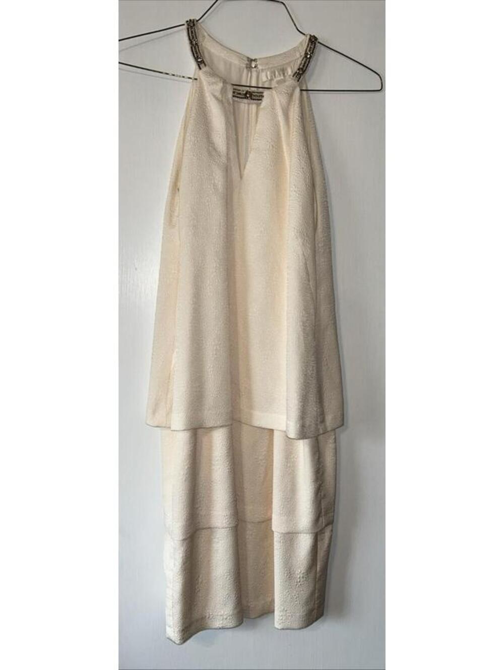 Ann Taylor Cream Jeweled Choker Layered Textured Dress Shows size 14, runs small